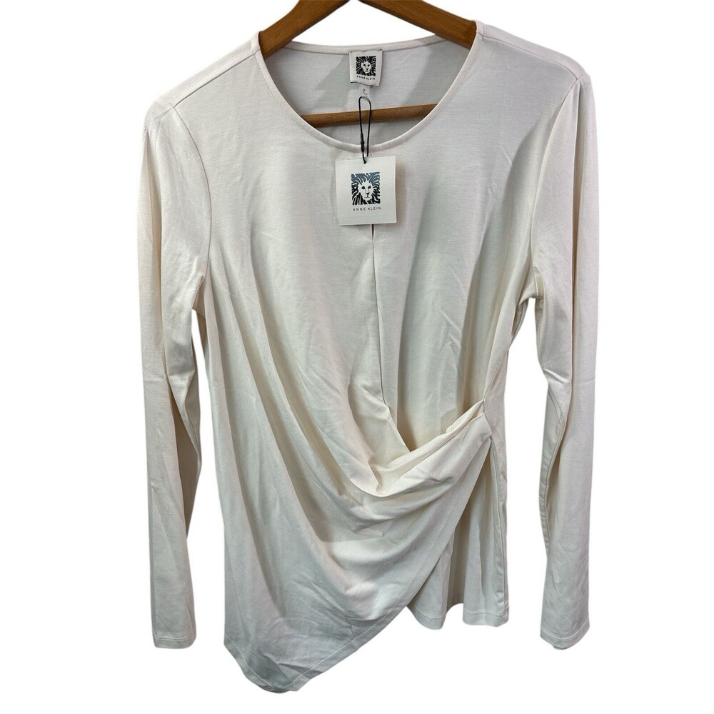 NWT Anne Klein Off white long sleeve wrap asymmetrical top. size Med career